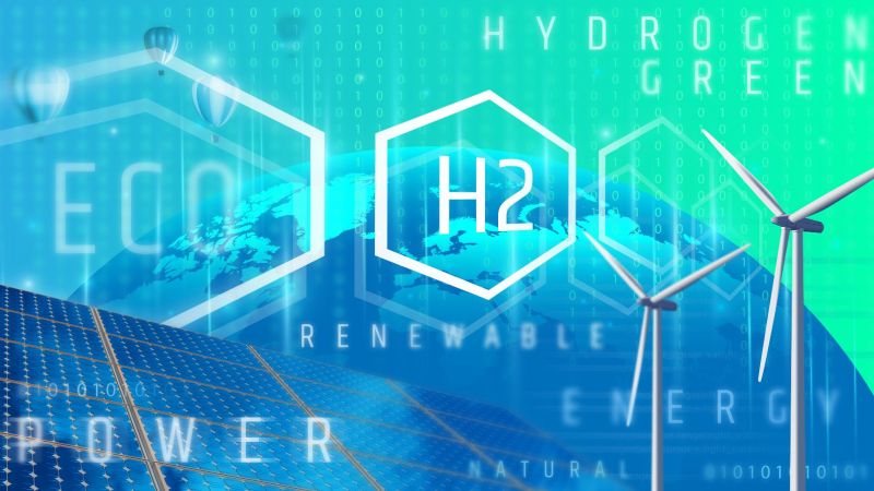 Grafik mit den Schriftzügen H2, Renewable Energy, Hydrogen, Power