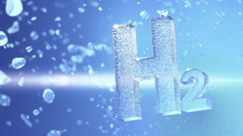 H2 in 3D auf blauem Hintergrund mit Wassertropfen