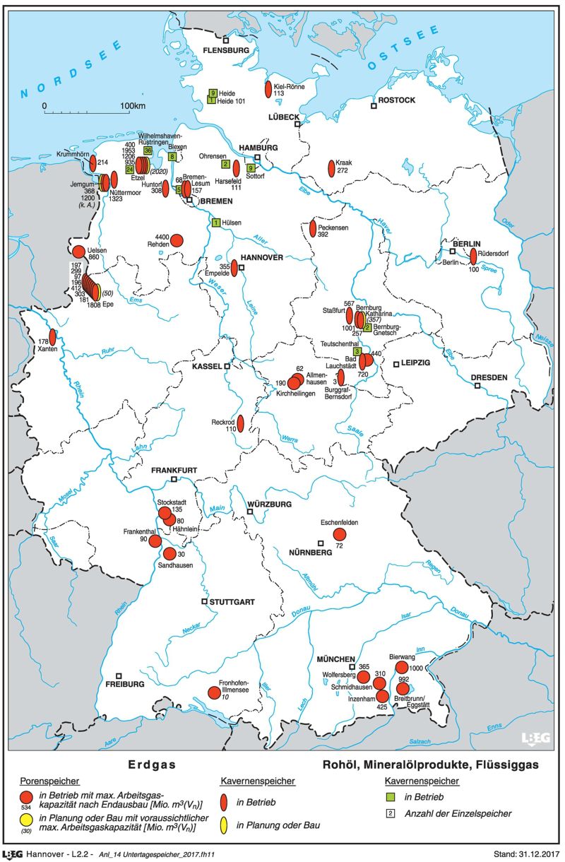 Deutschlandkarte Erdgasspeicherung